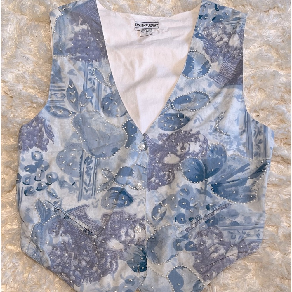 100% Cotton Summer Vest w Light Dusk Blue Studded w Pearls in S.